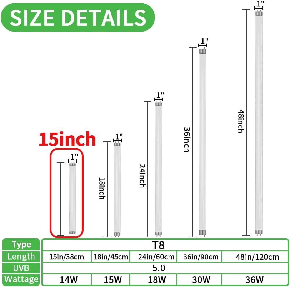 LUCKY HERP 15inch 14W T8 UVB 5.0 Reptile Light, UVA UVB Bulb, Fluorescent Lamp for Reptiles Amphibian