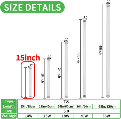 LUCKY HERP 15inch 14W T8 UVB 5.0 Reptile Light, UVA UVB Bulb, Fluorescent Lamp for Reptiles Amphibian