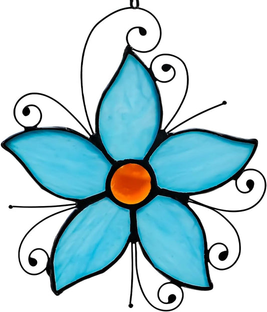 Forget Me Not Flower Decor Stained Glass Window Hanging,Blue Flower Ornaments Suncatcher for