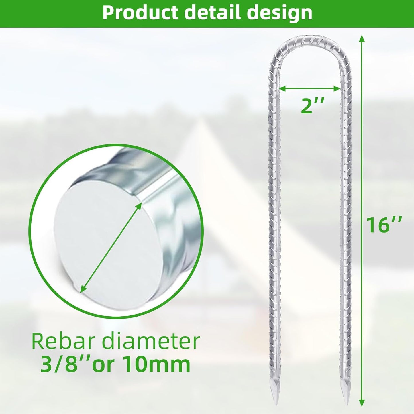 Trampoline Stakes Anchors High Wind 16inx10mm Galvanized U Hook 8pcs Rebar Stakes – Heavy Duty Ground Anchors for Trampoline,Yard & Inflatable,Landscape Metal Stakes for Outdoor Decorations