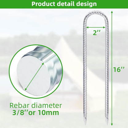 Trampoline Stakes Anchors High Wind 16inx10mm Galvanized U Hook 12pcs Rebar Stakes – Heavy Duty Ground Anchors for Trampoline,Yard & Inflatable,Landscape Metal Stakes for Outdoor Decorations
