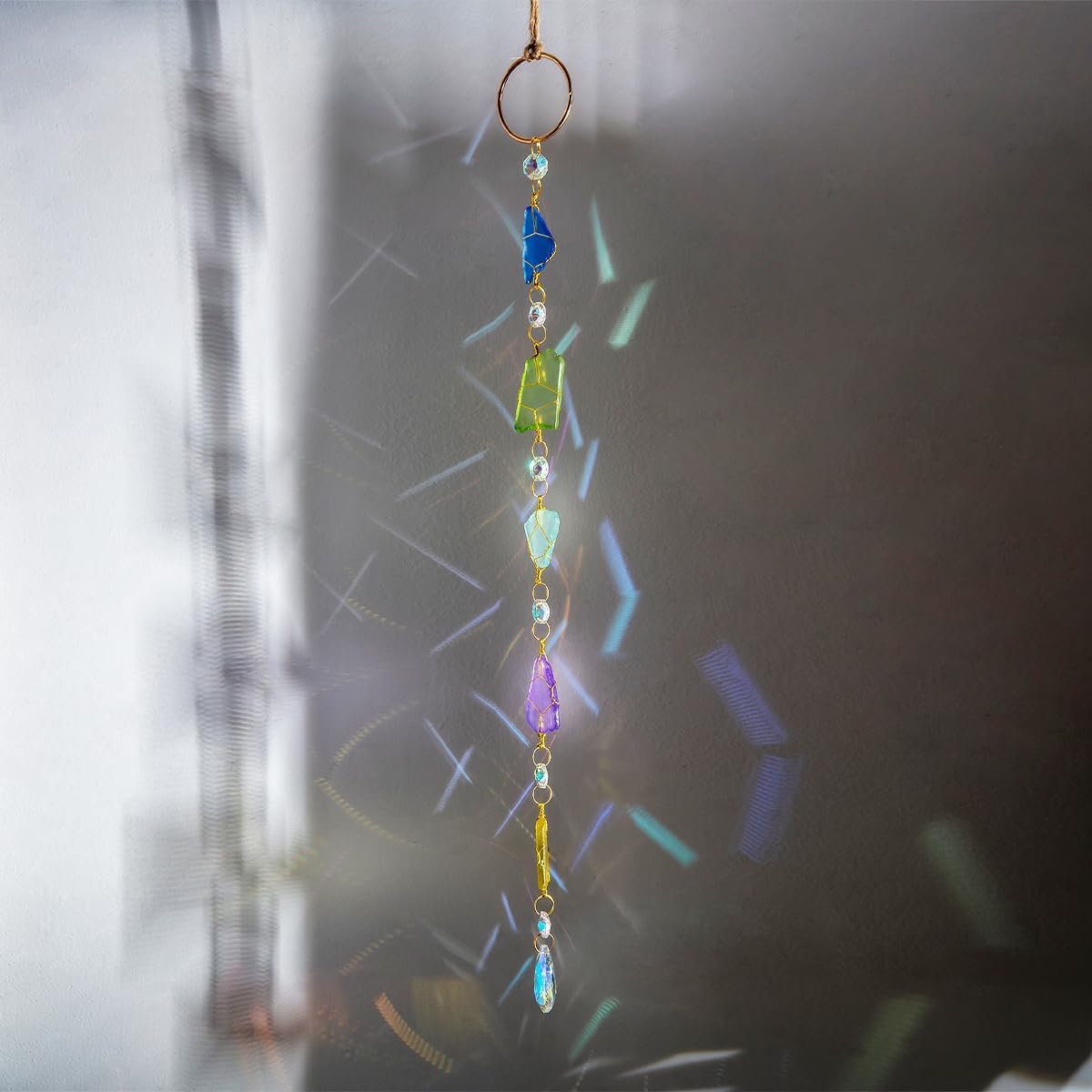 Suncatchers Sea Glass Wall Hanging Handcrafted Blue Seaglass Hanger Ocean Decor Garden Sun Catchers with Sea Glass Rainbow Maker Indoor Outdoor Decor Handmade