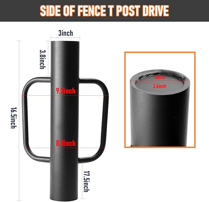 Black Fence Post Driver，16.5 Inch T Post Driver,12LB Hand Post Pounder with Handle, Heavy Duty Post Hole Diggers