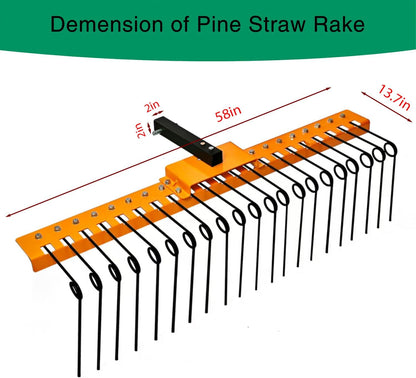 5FT Durable Pine Straw Rake Steel Spring Landscape Rake Fits 2" Receiver for Lawn Tractors or ATV/UTV Orange