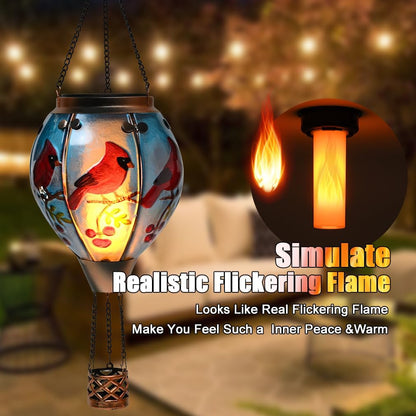 Hot Air Balloon Solar Lantern - Cardinal Bird Glass Lantern, Simulated Flickering & Dancing Flame, Outdoor Hanging Yard Light Waterproof IP65 for Patio Lawn Porch Decor Gift