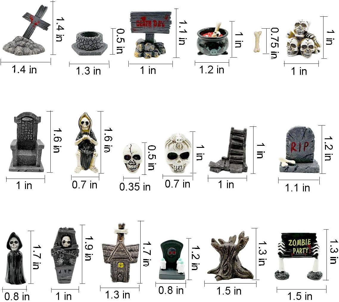 Halloween Miniature Figurines - 18Pcs Resin Ghost Tombstones Skull Heads Scene Ornaments Halloween Garden Accessories Mini Figurine Decorations for Outdoor Statues Home Village Crafts Decor