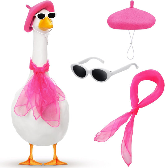 Yaomiao 3 Pcs French Porch Goose Outfit Set for 23'' 17'' Cement Plastic Lawn Goose Costume 50s French Beret Hat for Statue Halloween Carnival Statue Decor(Hot Pink)