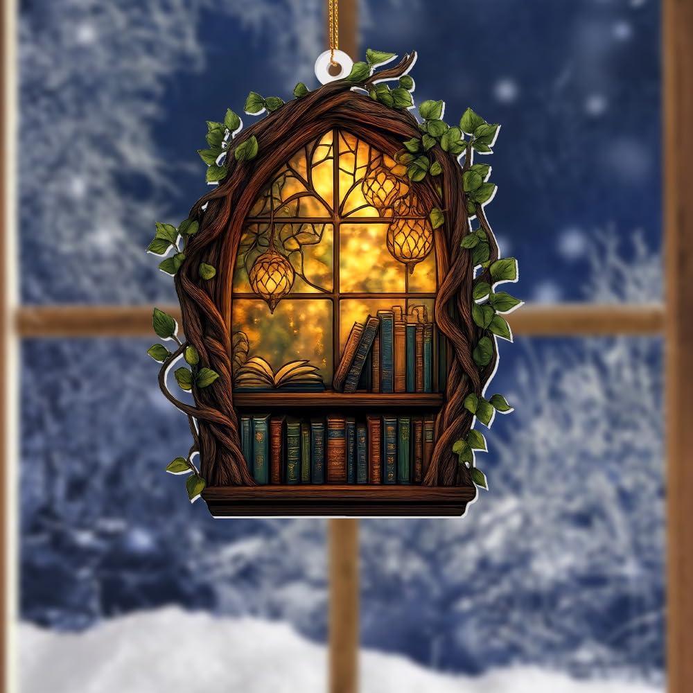 Gothic Window Book Ornament – Stained Glass Style Acrylic Christmas Ornament with Books & Ivy, Fantasy Home Décor, Book Lover Gifts for Women, Teacher & Librarian Holiday Decoration(Sun-19)