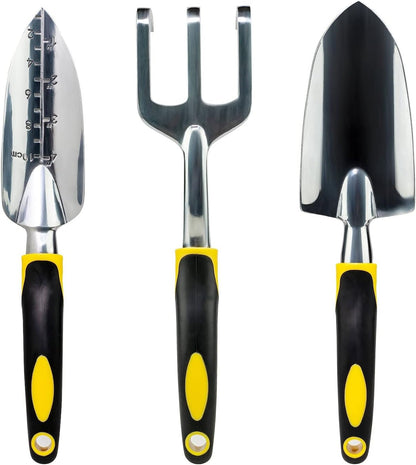 ⭐️ Gardenera 3PC Garden Tool Set with Soft Rubberized Non-Slip Handles - Hand Trowel, Transplant Trowel, Hand Rake in Polished Aluminum - Ideal for All Gardening Needs and The for Gardeners 🎁