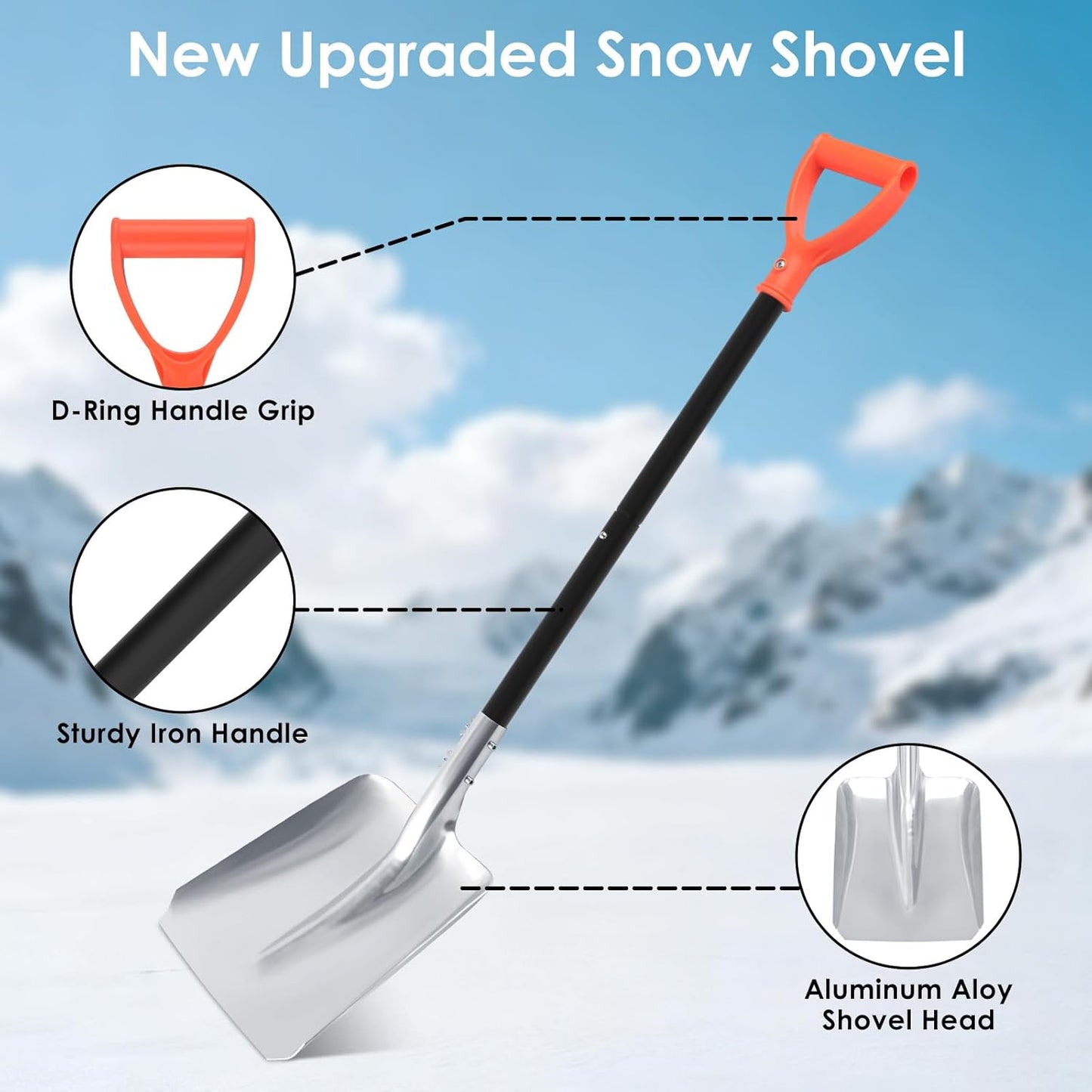 Aluminum Snow Shovel for Driveway – 40" Long Square Shovel with D Handle, Large Capacity Flat Shovel, Portable Snow Removal Tool for Home Garage Garden Camping Emergency, Orange
