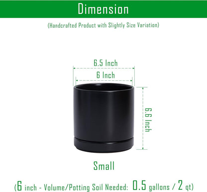 D'vine Dev 6.5 Inch Ceramic Planter Pot with Drainage Hole and Saucer, Indoor Cylinder Round Flower Pot, Black, 94-O-C-2