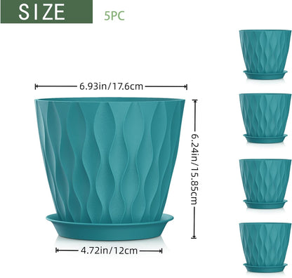 7 Inch Plant Pots 5 Pack, Flower Planters with Drainage Holes and Trays,Plastic Pots for Indoor Outdoor Plants,Green