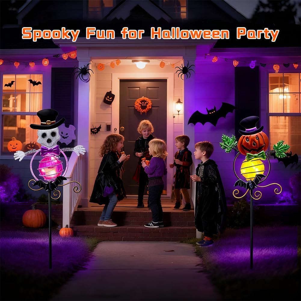 Solar Halloween Decorations Outdoor,2 Pack Pumpkin＆Skull Halloween Metal Yard Stakes,Solar Yard Signs Decorative Garden Stakes for Outside Lawn Patio Pathway