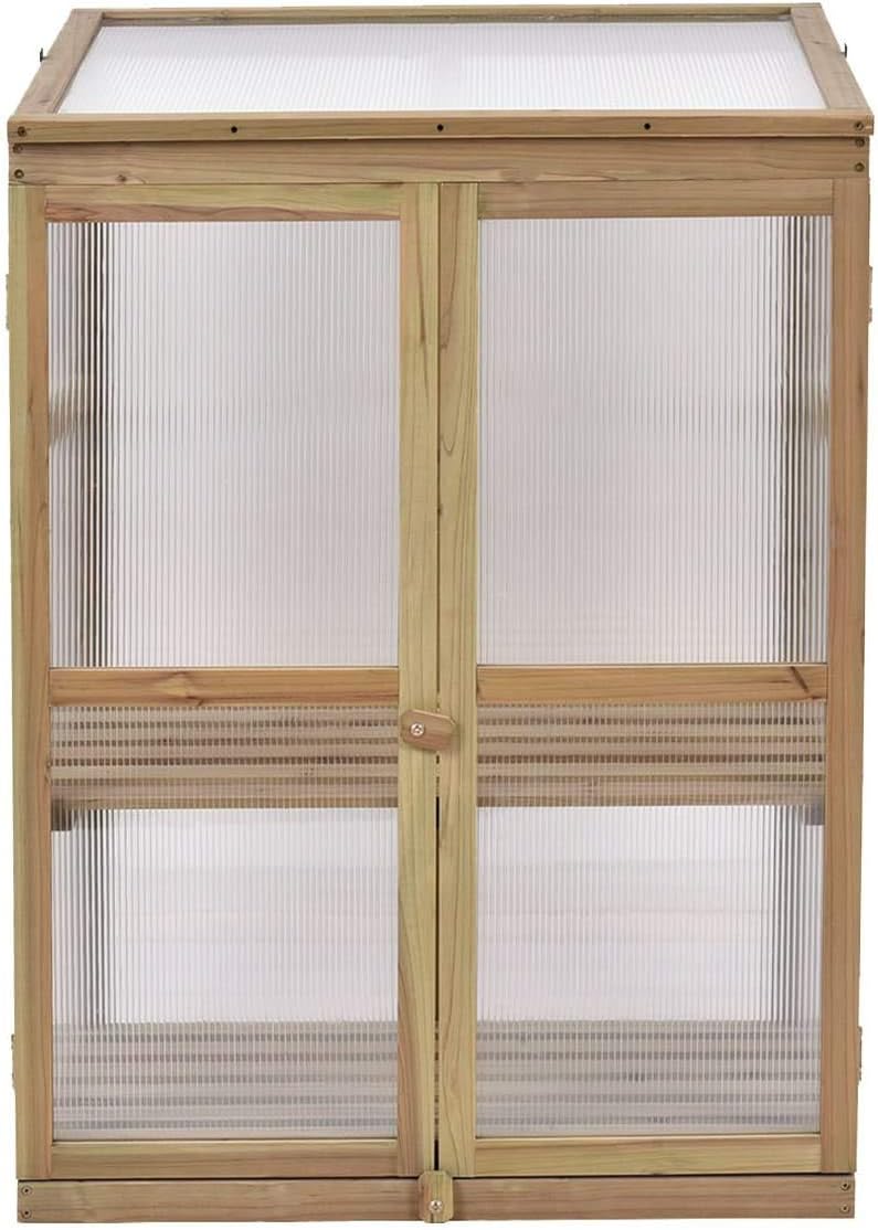 Moccha Greenhouse Wooden Cold Frame, Portable Garden Flower Planter with Removable Shelf and Hinges, Raised Cold Frame with Foldable Top and Side Doors for Outdoor, Porch, Backyard, Balcony