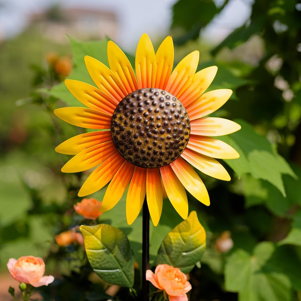 Viveta 2Pack Metal Sunflower Wind Spinner Outdoor,Kinetic Decorative Wind Sculpture wtih Sturdy Stake,Pinwheels for Yard and Garden