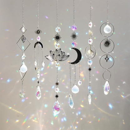 Sun Catchers, 6 Pieces Colorful Suncatchers Decorative Hanging Clear Crystal Prism Rainbow with Silver Moon Sun Metal Forms Suncatcher Kit for Window Indoor Outdoor Car Mirror Decor Xmas Gift