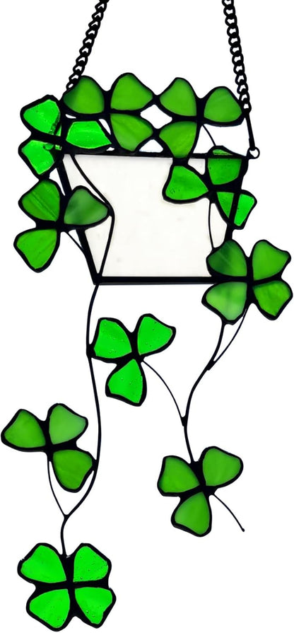 Stained Glass Four Leaf Clover Decor Suncatcher for Window, Artificial Green Plants Stained Glass Window Hanging, Fake Plant Decor Gift for Women,Mom,Plant Lovers(Four Leaf Clover)