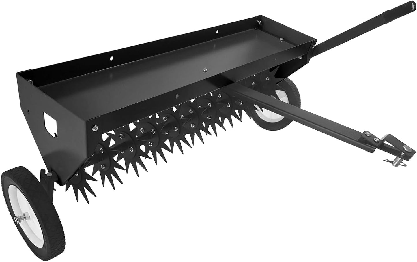 Tow Behind Aerator 40 Inch with Steel Teeth and Transport Wheels, Adjustable Handle Pull Behind Plug Aerator with Tray for Farm Lawn Garden, Durable Lawn Aeration Tool