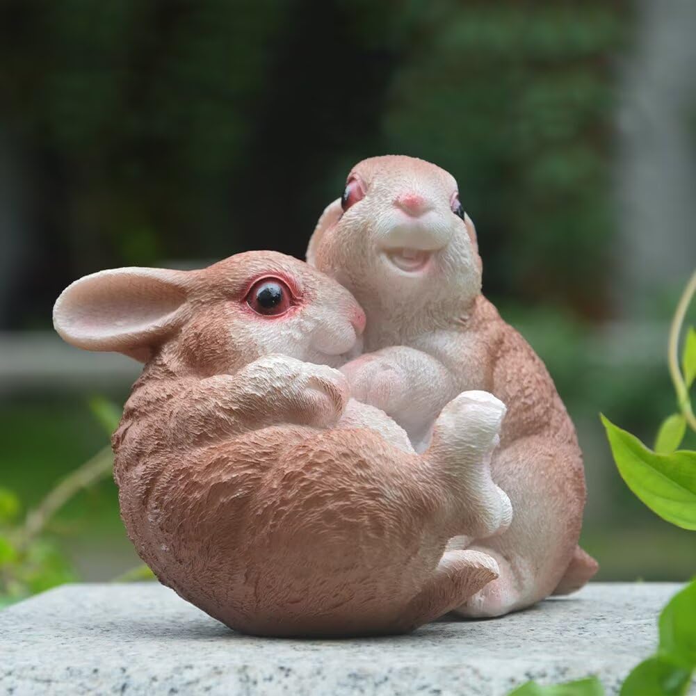 Garden Statues Bunny Decor Resin Hug Rabbit Figurine Cute Fairy Garden Decor Outdoor Statues for Patio Yard Porch Balcony Gifts for Women Mom Grandma Brown