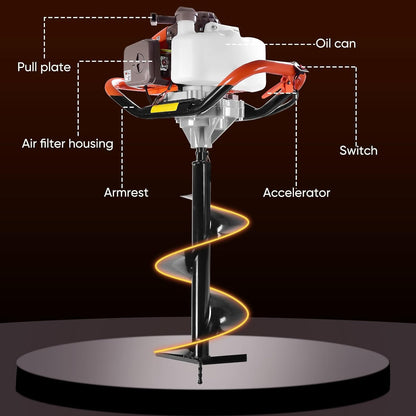 72CC Post Hole Digger, 2 Stroke Auger Post Hole Digger Gas Powered with 2 Augers Drill Bits 6" 8"+1 Extension Rod 31.5", Earth Auger Fit for Farm,Garden