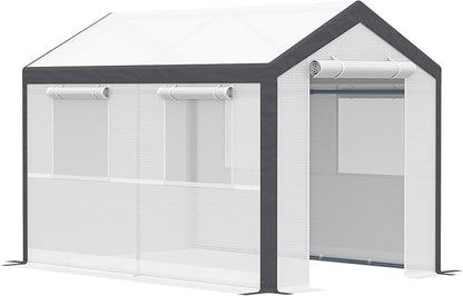 Outsunny 10' x 7' x 7' Greenhouse, Walk-in Outdoor Tunnel Green House with PE Cover, Steel Frame, 2 Roll-Up Zipper Doors & 4 Windows for Flowers, Vegetables, Tropical Plants, White
