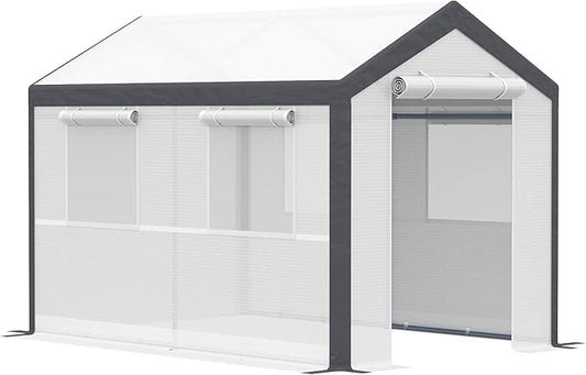 Outsunny 10' x 7' x 7' Greenhouse, Walk-in Outdoor Tunnel Green House with PE Cover, Steel Frame, 2 Roll-Up Zipper Doors & 4 Windows for Flowers, Vegetables, Tropical Plants, White