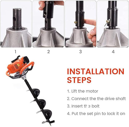 62cc Post Hole Digger 2-Stroke Petrol Gas Powered Earth Digger with 3 Auger Bits (3" 5" 8") + 3 Extension Bar (24" 24" 24") for Farm Garden Plant Fence and Planting