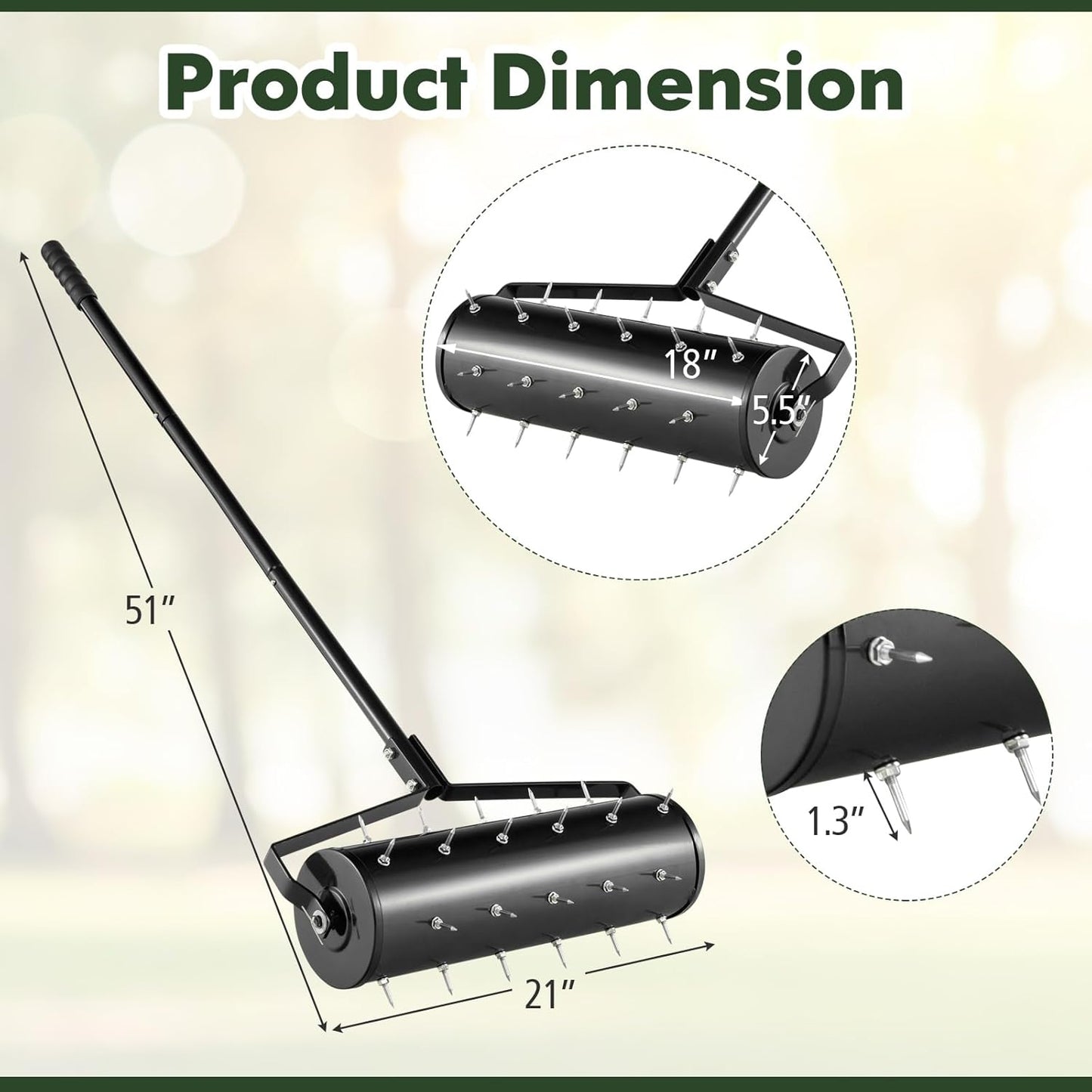 S AFSTAR 21" Manual Lawn Aerator, Heavy Duty Rolling Aerator Lawn Tool Filled Sand Stone with 51" Detachable Handle & Tine Spikes for Soil Loosening, Push Grass Aeration for Garden Yard, Black