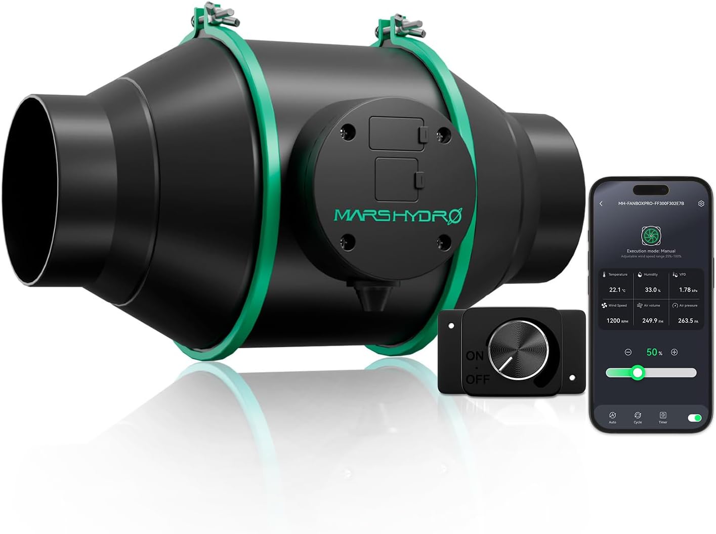 Mars Hdyro iFresh 4 Inch Smart Inline Duct Fan with Variable Speed Controller, 205 CFM App Control Ventilation Exhaust Fan for Grow Tents, Hydroponics