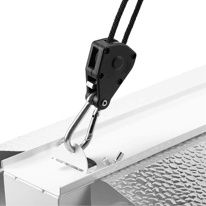 4 Pairs 1/8 Inch Adjustable Heavy Duty Ratchet Hanger Grow Light Fixtures Rope Clip Hangers Hanging Ropes for Gardening Grow Plant Fan Reflectors Filter Tent,150lbs Weight Capacity
