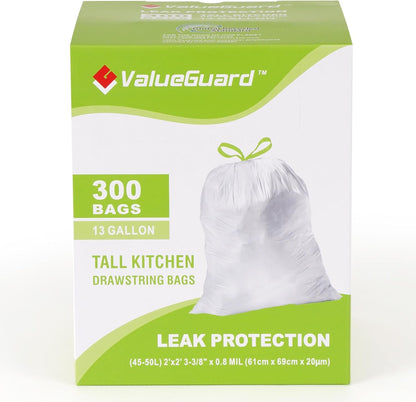 Large Trash Bag 13 Gallon Tall Drawstring 100% Post-Consumer Recycled Garbage Bag Waste Bag for Kitchen Office 0.8 Mil (300 Count)