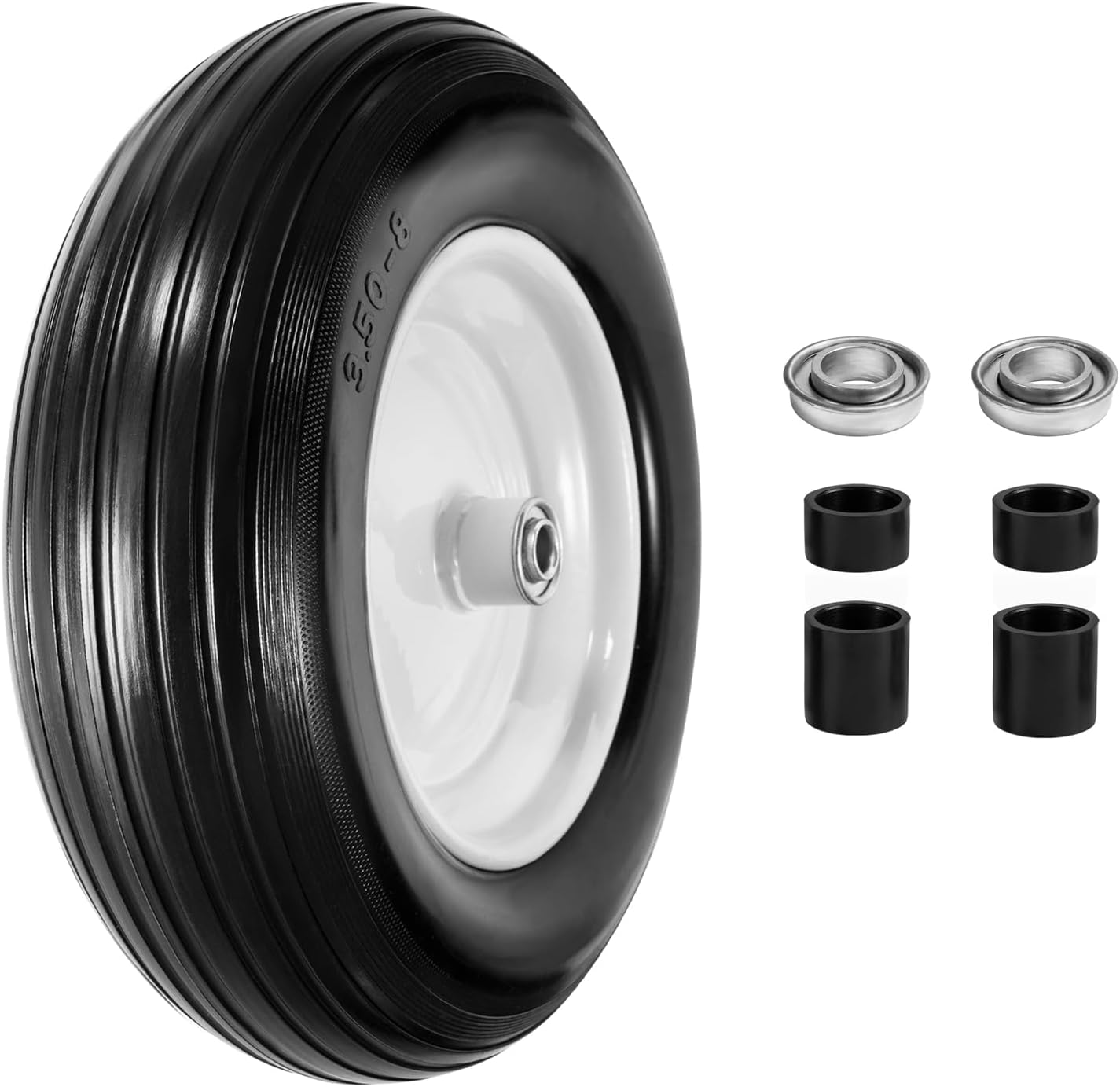 14.5" Wheelbarrow Tires Fits 3.50/2.50-8, 4.00-6, 4.00-8, 4.80/4.00-8 Flat Free Tire with 3" - 6" Centered Hub, 3/4" or 5/8" Bushing, Universal Replacement Wheelbarrow Wheels, 1 Pack