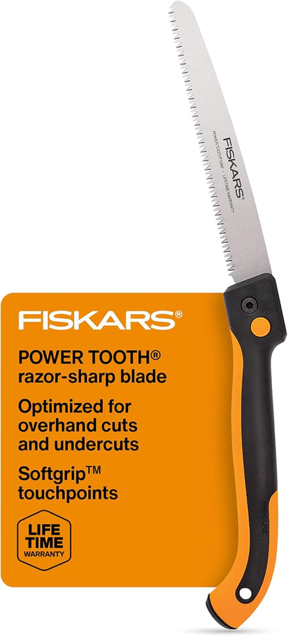 Fiskars Hand Saw, Folding Saw with Dual Position Locking Saw Blade for Overhand Cuts and Under Cuts and Power Tooth Blade with Triple Ground Teeth, Soft Grip 10-Inch Pruning Saw