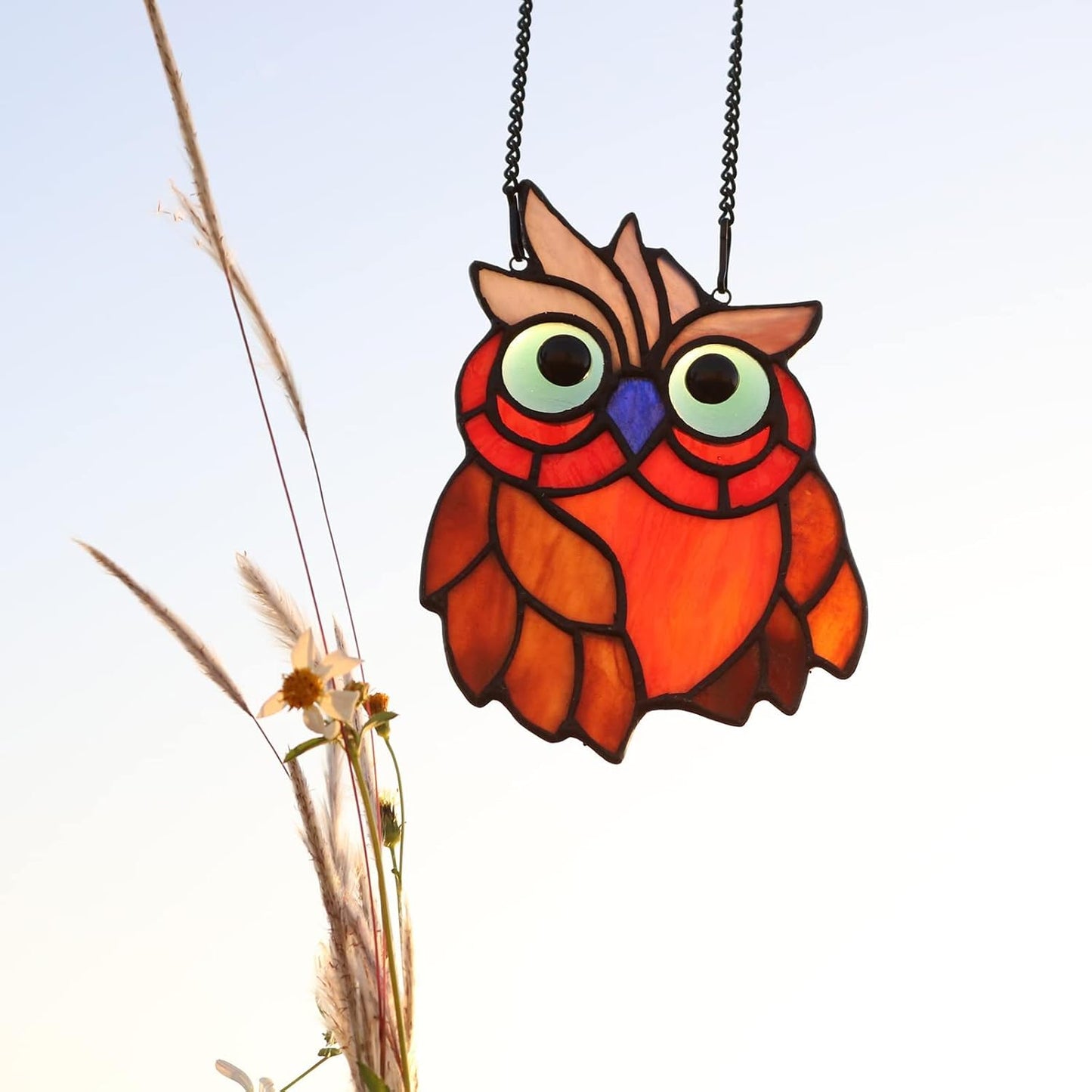 Owl Bird Stained Glass Window Hanging Suncatcher,Bird Decor Wall Art for Living Room Bedroom Kitchen Window, Birthday Gift for Women