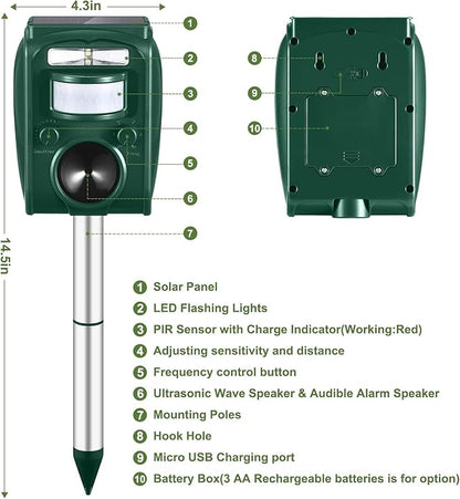 Cat Repeller Outdoor - Ultrasonic Animal Repeller Solar Powered - Waterproof Squirrel Repellent,Raccoon Deterrent with Motion Activated,Repels Dog,Rabbit,Fox,Bird for Farm Yard Protection