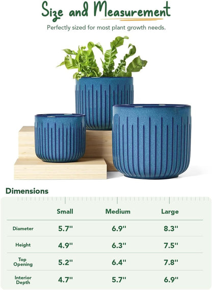 LE TAUCI Fluted Ceramic Planters Set of 3 – 8.3/7 / 5.7 in Ocean Blue Reactive Cylinder Indoor Plant Pots with Drainage Plug & Mesh, Glossy Stoneware Flower Pots for Succulents Herbs