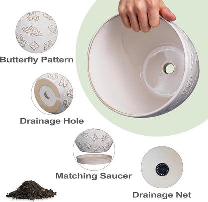 Ceramic Planter Pot 10 Inch- Large Plant Pot with Drainage Hole and Saucer Modern Round Flower Pot for Indoor Outdoor Plants White