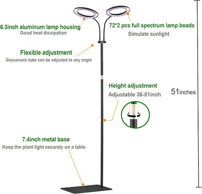yadoker Desk Plant Grow Light for Indoor Plant, Dual-Head LED Grow Light,Height Adjustable,Automatic Timer with 8/12/16 Hours,10-Level Brightness,Ideal for Large Plant Grow