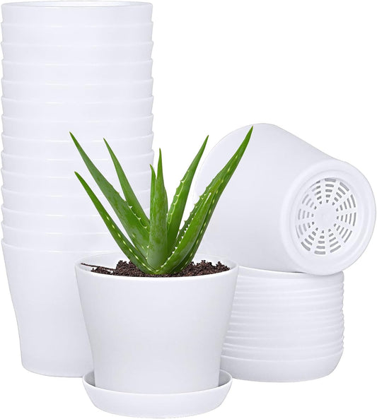JERIA 16-Pack 4" Plastic Flower Plant Pots Thickened Seedlings Nursery Pots, Flower Plant Container Seed Starting Pots with Pallet (White)