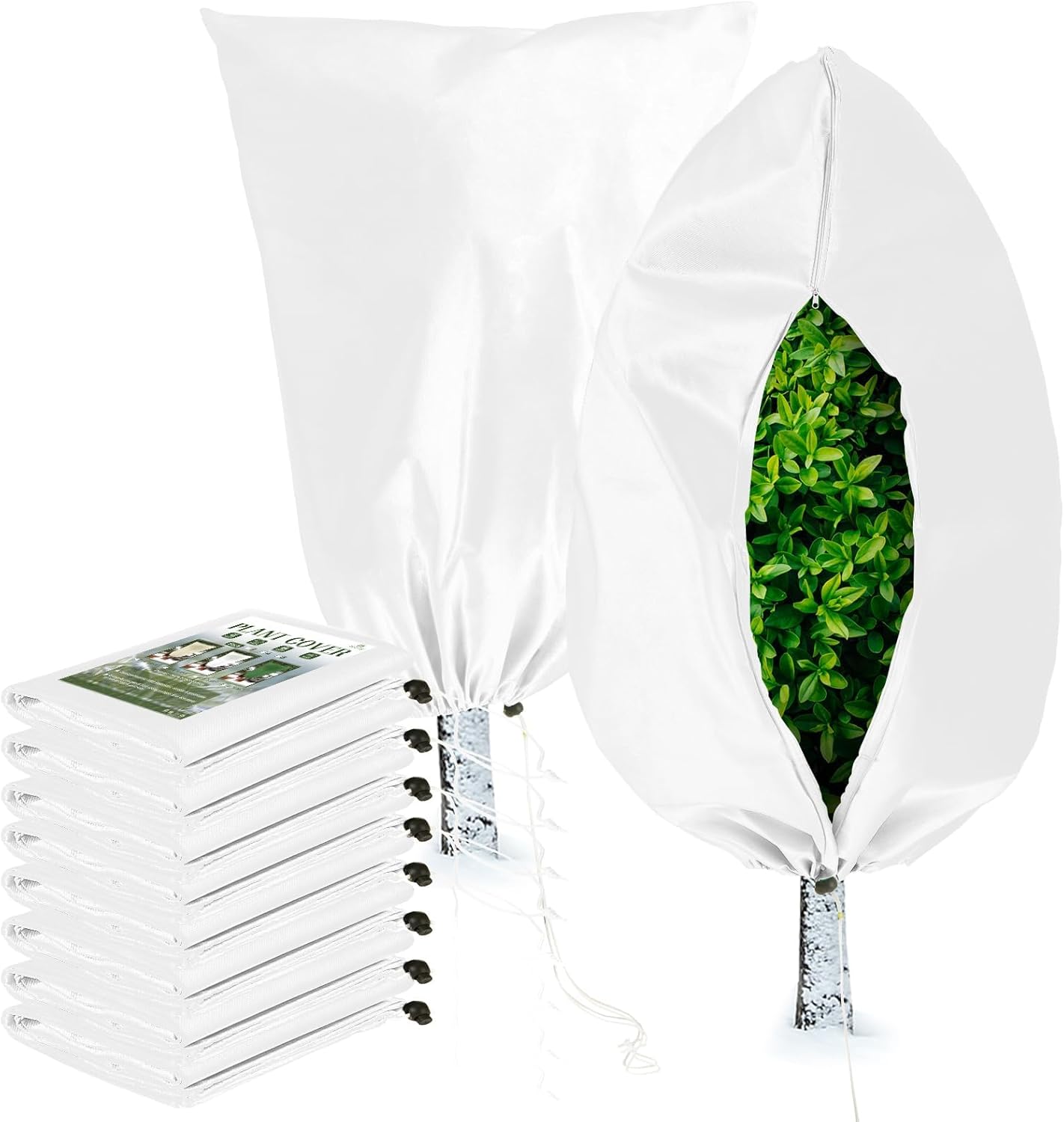 Homimp Plant Covers Freeze Protection, 8 Pack Frost Covers with Zipper Drawstring (31.5" x 47.3") Plant Protection Cover Bags for Outdoor Winter Frost Cold Weather Shrubs Trees Jacket Covers(White)