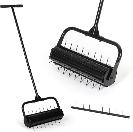 SMONTER Manual Lawn Aerator, 22” Heavy Duty Rolling Aerator Lawn Tool for Yard Garden, Aeration Tool with Spike Soil Penetrator