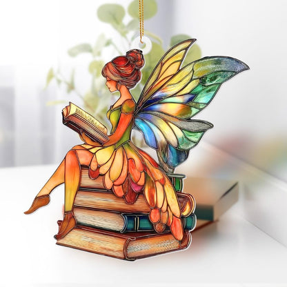 Reading Fairy Book Ornament – Stained Glass Style Acrylic Christmas Ornament, Book Lover Gift for Women, Teacher & Librarian Book Club Decorations, Fantasy Ornament Holiday Décor(Sun-15)