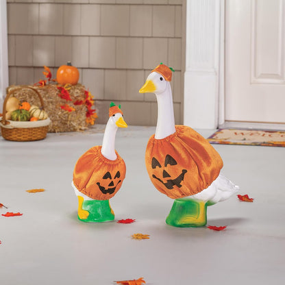 Fox Valley Traders Gaggleville Goose Pumpkin Bundle, Includes One Large 23" White Goose, One Baby 17" White Goose and Two Outfits - One Baby & One Large Pumpkin Goose Outfit Included