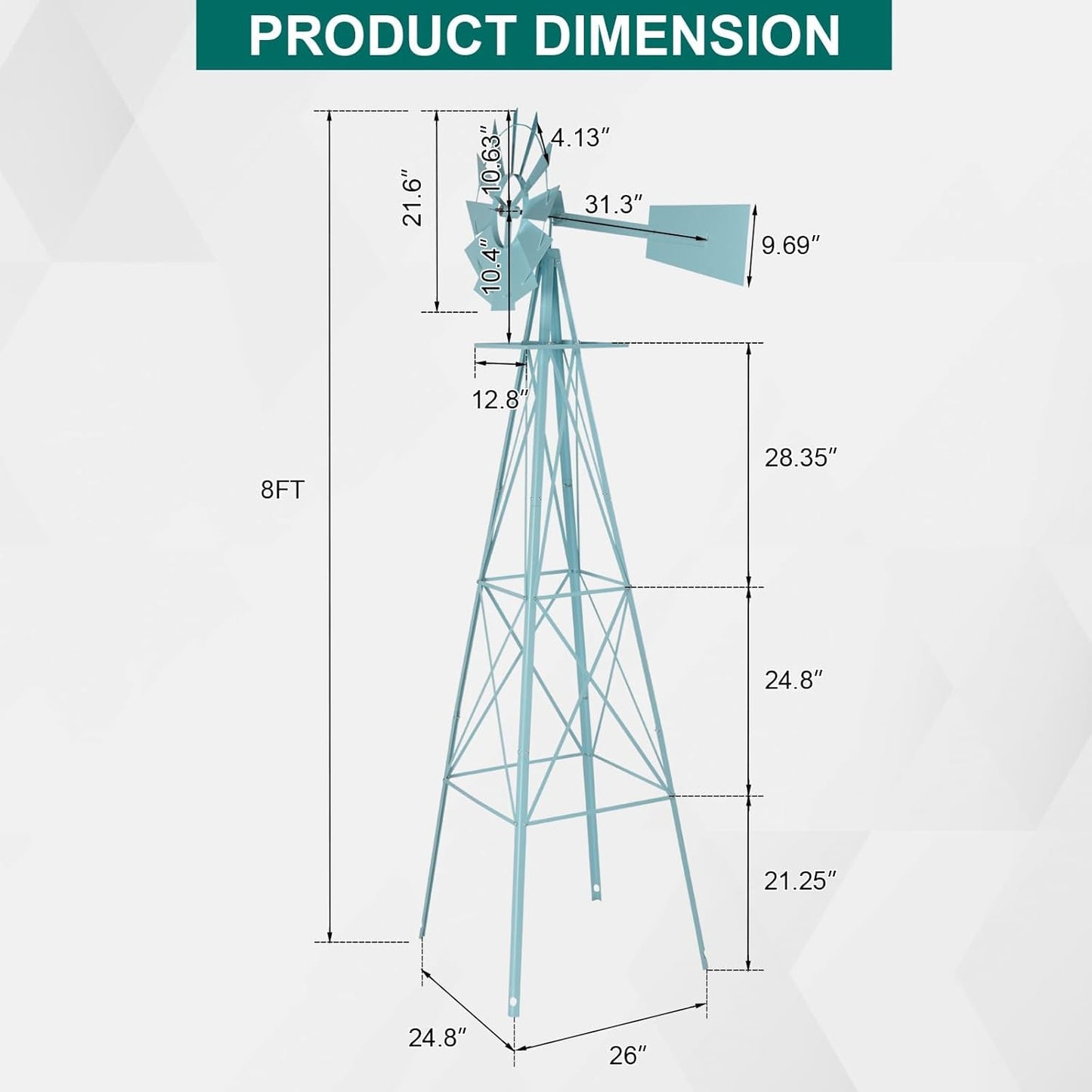 8FT Windmill for Yard Garden Decoration with Weather Vanes，Heavy Duty Outdoor Wind Mills, Large Metal Outdoor Windmill,Weather Resistant,Blue
