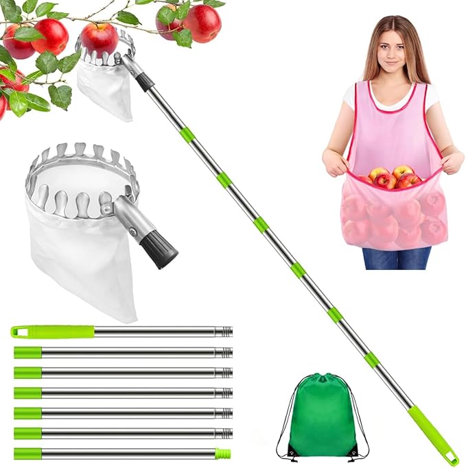 Fruit Picker and Gardening Harvest Storage Apron Set - 2.8m/9.2ft Fruit Picker Tool with Telescopic Handle, Stainless Steel Connecting Pole and Drawstring Storage Bag, Picker for Apple Lemon Cherry