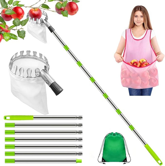 Fruit Picker and Gardening Harvest Storage Apron Set - 2.8m/9.2ft Fruit Picker Tool with Telescopic Handle, Stainless Steel Connecting Pole and Drawstring Storage Bag, Picker for Apple Lemon Cherry