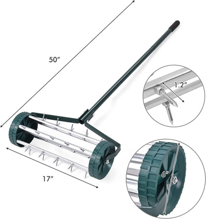 S AFSTAR 17-Inch Rolling Lawn Aerator, Spike Lawn Aerator Roller with 50-Inch Anti-Slip Handle & Tine Spikes, Garden Grass Lawn Soil Aeration Tool, Lawn Aerator Machine for Garden Patio Yard