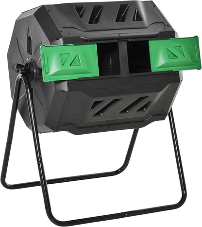 Compost Bin Outdoor, 43 Gallon Dual Chamber Tumbling Composting with Sliding Doors, Large Compost Tumbler, Compost Bin for Garden, Kitchen, and Yard Waste, Black+Green