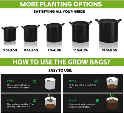 Gardenera Heavy Duty Grow Bags - 10 Pack of 5 Gallon Nonwoven Fabric Plant Pots with Sturdy Handles, Suitable for All Kinds of Plants