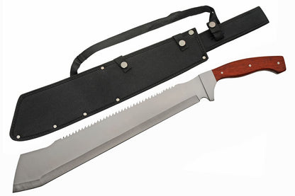 SZCO Supplies 25” Brown Wood Handle Heavy Duty Saw Back Forest Cleaver Machete With Sheath (926963-WD)